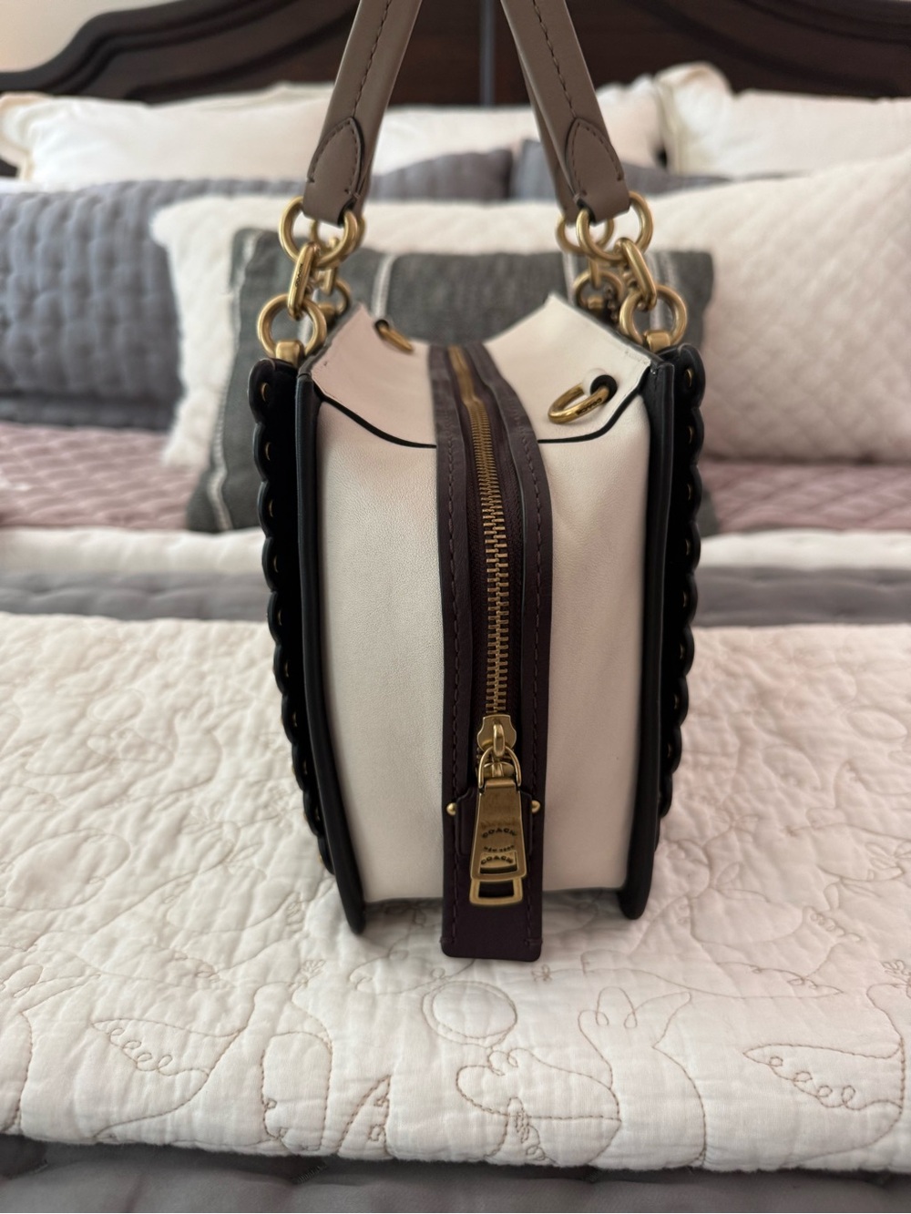 Coach Taupe and Black Leather Satchel with Gold Hardware - Picture 4 of 14